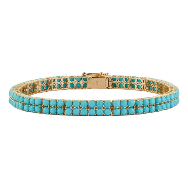 14k Yellow Gold Double Beaded 9.85ct Turquoise Tennis Necklace for Women For Sale
