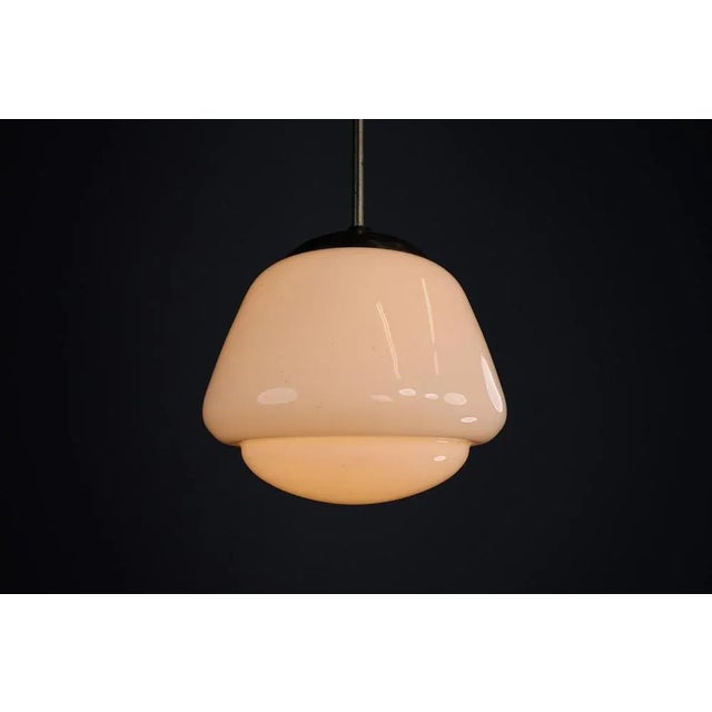 Black Bauhaus Opaline and Bakelite Pendant Lamp, Czech Republic, 1950s For Sale - Image 8 of 9