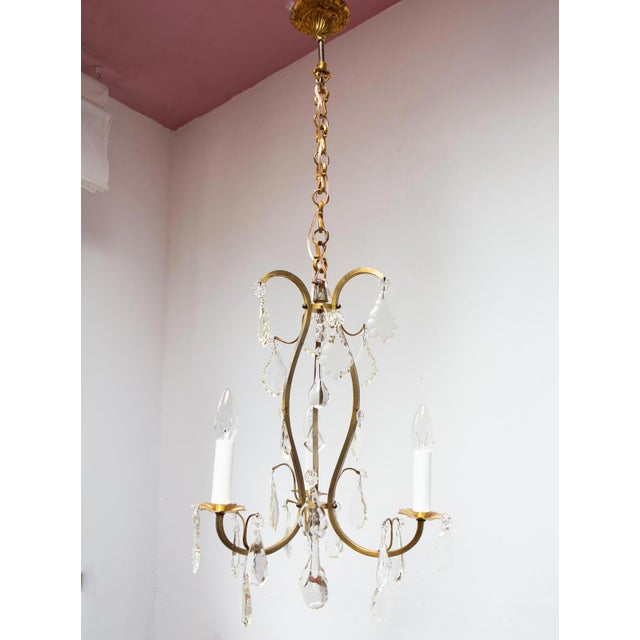French Brass Chandelier with 3 Arms and Crystals, 1940s For Sale - Image 6 of 12
