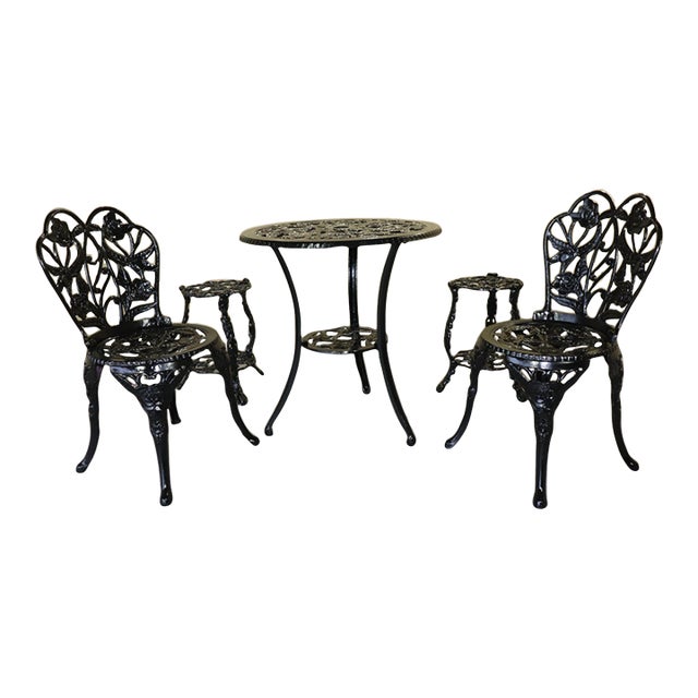 1950s Rose-Pattern Cast Iron and Aluminum Garden Bistro Set With Two Plant Stands, 5 Pieces For Sale
