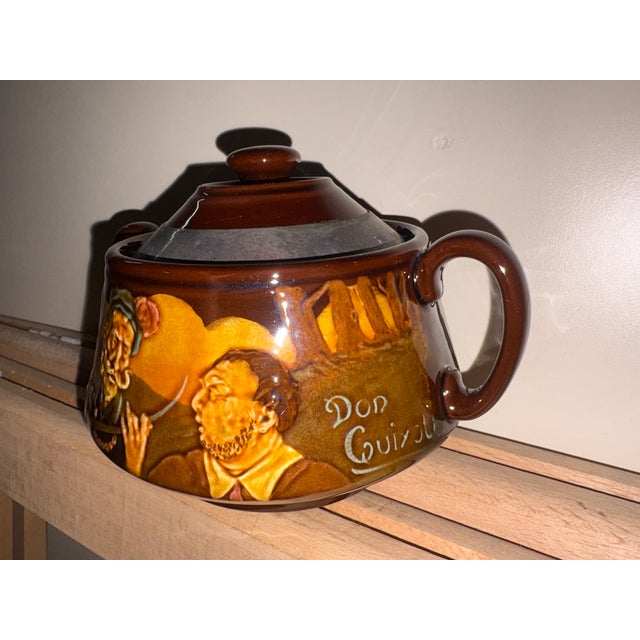 Vintage Royal Doulton England Kingsware ceramic sugar bowl with lid depicting Don Quixote and Sancho Panza height 9 cm,...