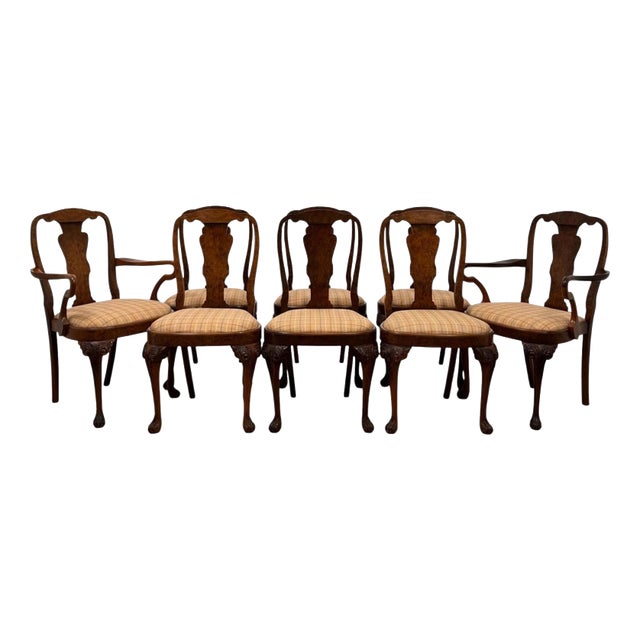 Antique Burr Walnut and Upholstered Dining Chairs, Set of 8 For Sale