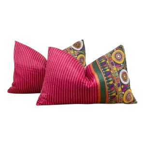 Pair of Antique Mashru Tribal Lumbar Pillows