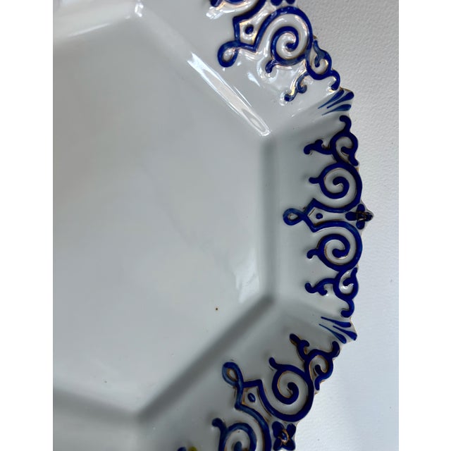 Vintage White Hexagonal Ceramic Serving Dish With Cobalt Blue & Gold Trim For Sale - Image 12 of 16