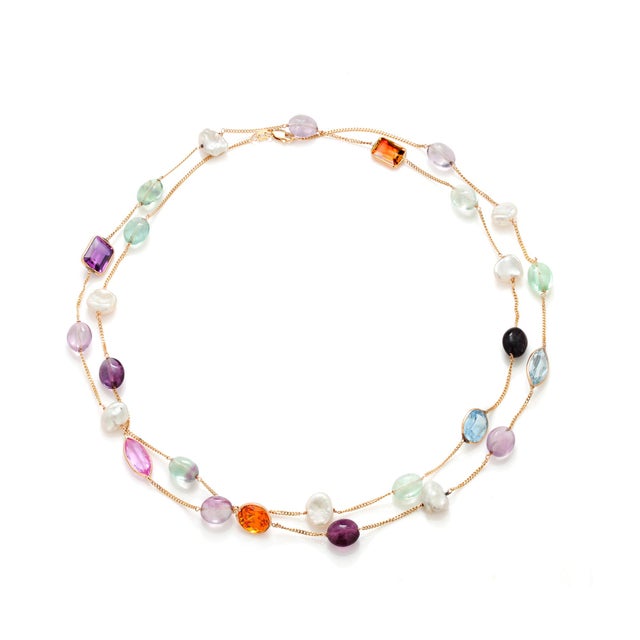 Gold 14k Yellow Gold 36" Pearl and Multi-Gemstone Layering Necklace For Sale - Image 8 of 9