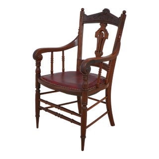 American Victorian Walnut Arm Chair W. Leather Seat For Sale