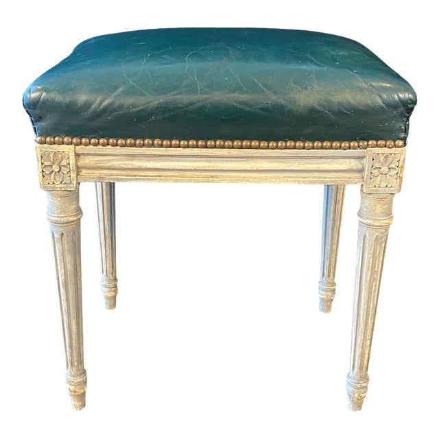 French Louis XVI Leather Stool Bench or Ottoman With Original Paint For Sale