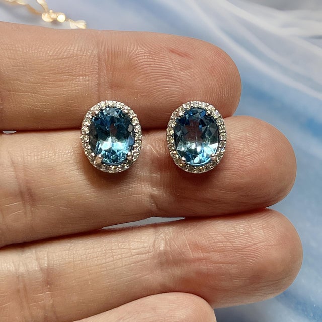 Natural Topaz Diamond Stud Earrings 14k W Gold 6.98 TCW Certified For Sale - Image 14 of 17