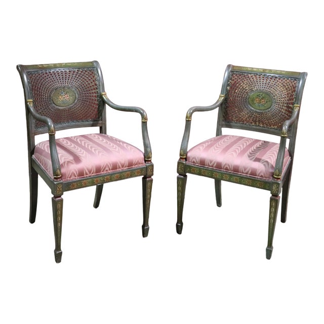 Pair Hand Painted Adams Style Cane Back Armchairs For Sale
