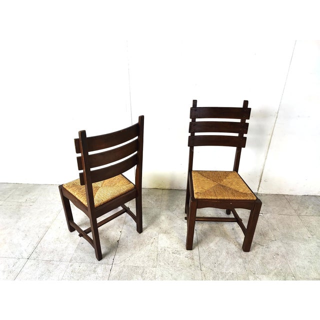 1960s Vintage Brutalist Oak and Wicker Dining Chairs, 1960s, Set of 6 For Sale - Image 5 of 11