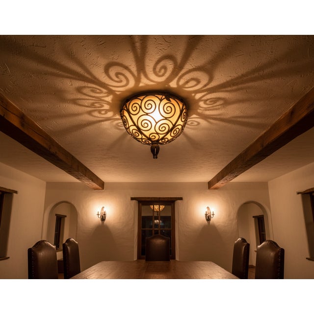 Art Deco Wrought Iron Ceiling Light-Edgar Brandt Style-Amber Glass -17 Inch For Sale - Image 4 of 11
