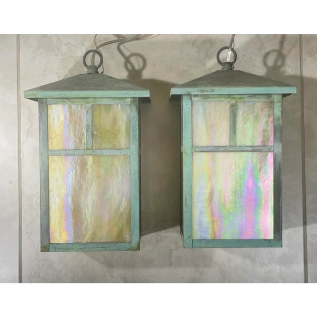 Metal Arts & Crafts Brass Lantern Pendant Light With Art Glass For Sale - Image 7 of 12