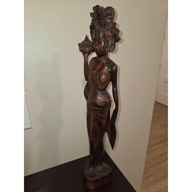 Large 18.5" Mid-Century Two-Tone Macassar Ebony Balinese Offering Maiden Sculpture For Sale In Phoenix - Image 6 of 12
