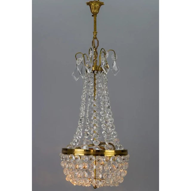 Traditional Vintage Brass and Crystal Glass Basket Chandelier For Sale - Image 3 of 15