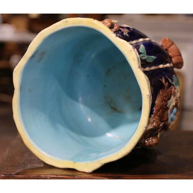 Ceramic 19th Century French Majolica Barbotine Cache Pot With Bird Relief Decor For Sale - Image 7 of 8