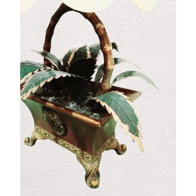 Maison Jansen Vintage Tole Metal Palm Leaf Faux Bamboo Cache Pot Scalloped Shade Table Lamps- A Pair For Sale - Image 4 of 8