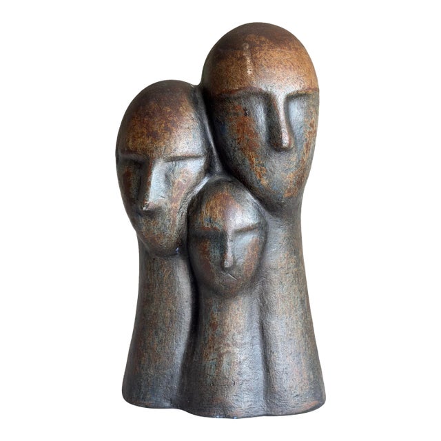 1970s Modernist Three-Head Bust Sculpture of Bronzed Terracotta in Brancusi / Modigliani Style Abstract Figurative Ceramic For Sale