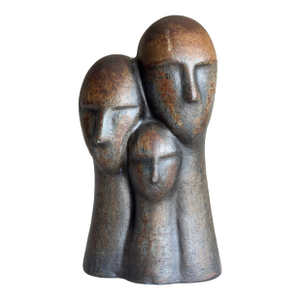 1970s Modernist Three-Head Bust Sculpture of Bronzed Terracotta in Brancusi / Modigliani Style Abstract Figurative Ceramic