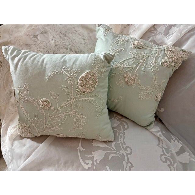 Vintage Tahari Home Embroidered Throw Pillow 15” X 15” Mint Green For Sale - Image 9 of 12