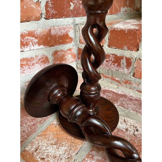 Pair Set Antique English Oak Open Barley Twist Candlesticks Candle Holder Brass For Sale In Dallas - Image 6 of 12