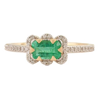 Art Deco Zambian Emerald & Diamond Halo Ring Size 9 in 14k Yellow Gold For Sale