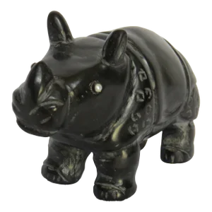 Late 20th Century Faberge-Style Hand Carved Black Onyx Rhinoceros Figurine Accented With Pearl Eyes