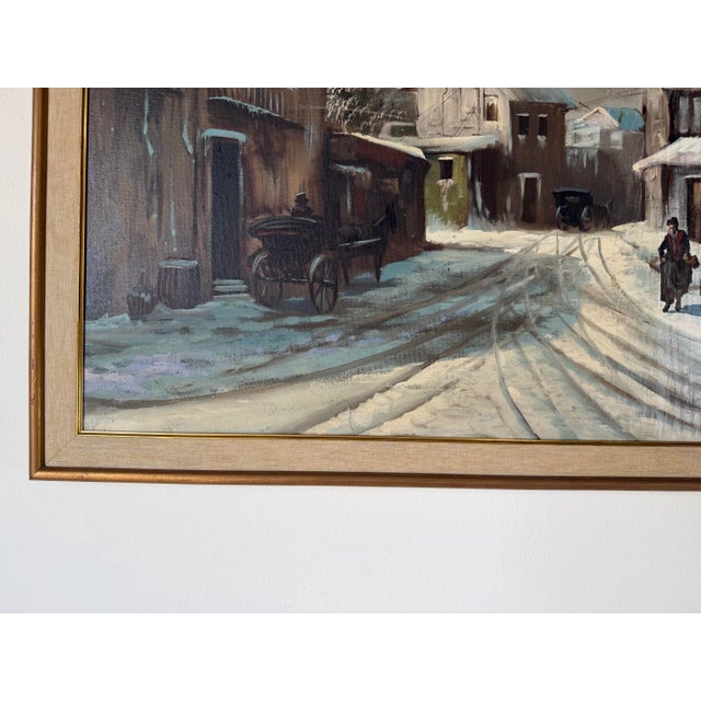 Wood 1960s A. Angivoni European Town Winter Landscape Oil on Canvas Painting, Framed For Sale - Image 7 of 11