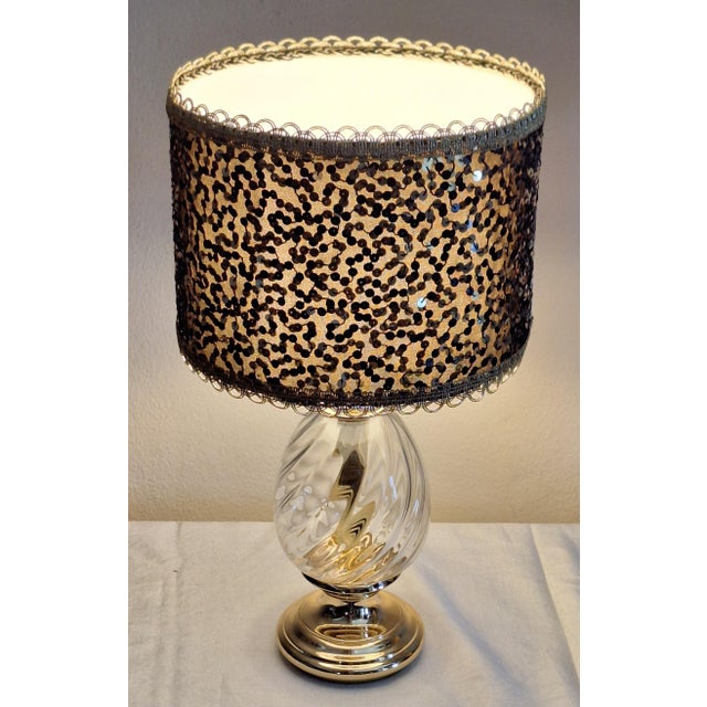 1980s Vintage Table Lamp with Twisted Crystal Glass Base in Brass Mounting and Sequined Shade from Lamplove, 1980s For Sale - Image 5 of 10