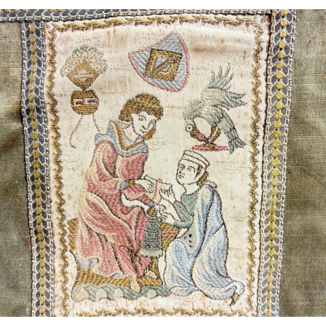 Vintage Medieval Revival Embroidered Wall Tapestry with Wood Rod This charming vintage wall hanging features a hand-...