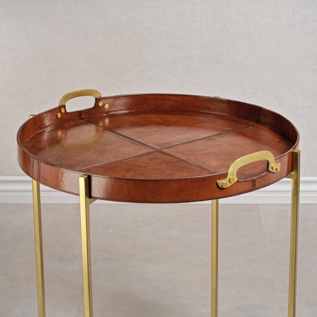 Contemporary Harlow Leather with Brass Handles Round Tray on Stand, Tan For Sale - Image 3 of 3