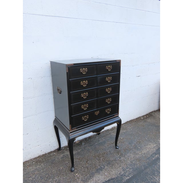 Drexel Painted Black Silver Jewelry Chest Lingerie Cabinet Queen Anne Legs 6330 For Sale - Image 11 of 17
