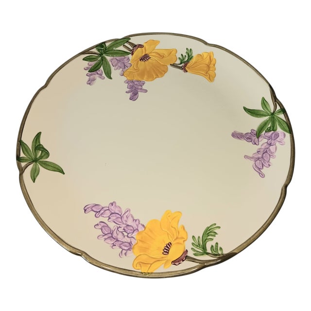 1990s Mid-Century Modern Franciscan Poppy Chop Plate Serving Platter Yellow & Purple Flowers 12" Round For Sale