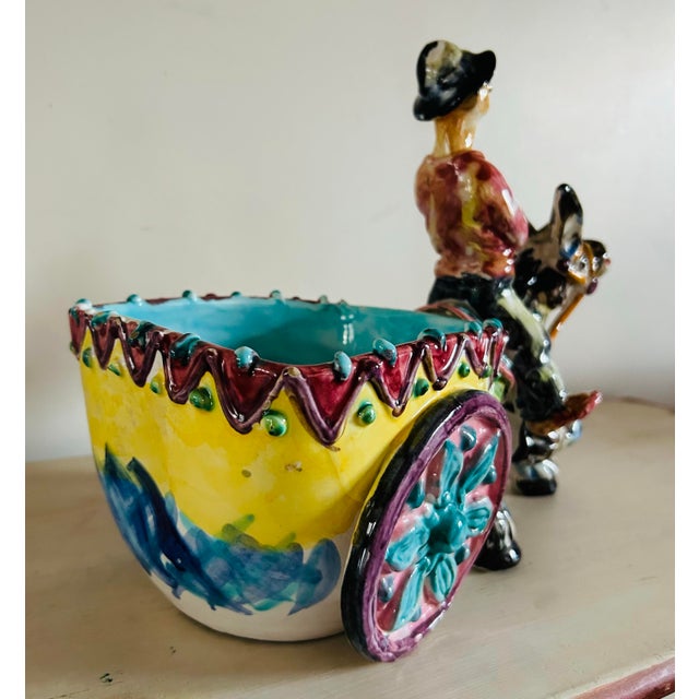 Boho Chic Vintage Man on Donkey With Cart Glazed Pottery Large Planter Made in Italy For Sale - Image 3 of 10