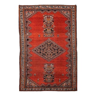 Vintage Persian Malayer Area Rug, Hand-Knotted Wool, Geometric Tribal Pattern, 4x7, Terracotta & Navy For Sale