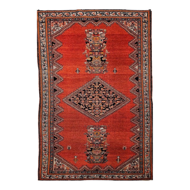 Vintage Persian Malayer Area Rug, Hand-Knotted Wool, Geometric Tribal Pattern, 4x7, Terracotta & Navy For Sale