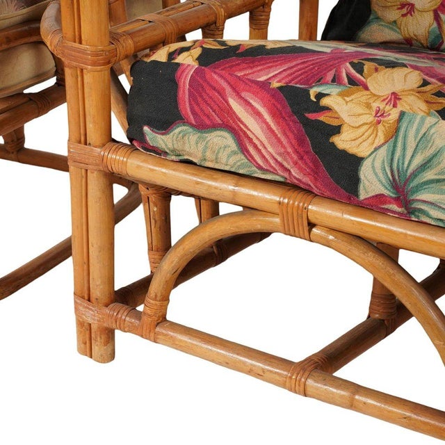 1950s Rare MCM Stepped Rattan Sofa Chair Ottoman Livingroom Set W/ Built in End Tables For Sale - Image 10 of 15