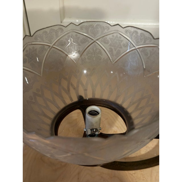 Brass Vintage Two Arm Brass Fixture With Vintage Etched Glass Gas Shades For Sale - Image 8 of 12