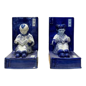 Porcelain Blue & White Kid Reading Book Figure Bookend Stopper