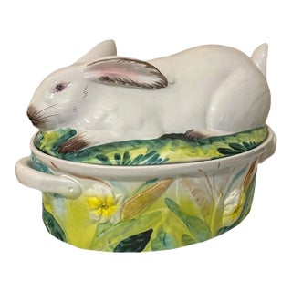 Victorian Style Italian Hand Painted Rabbit Form Ceramic Tureen Centerpiece For Sale