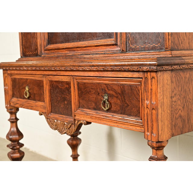 Early Romweber Antique English Jacobean Carved Oak and Burl Wood Bar Cabinet, Circa 1900 For Sale - Image 11 of 16