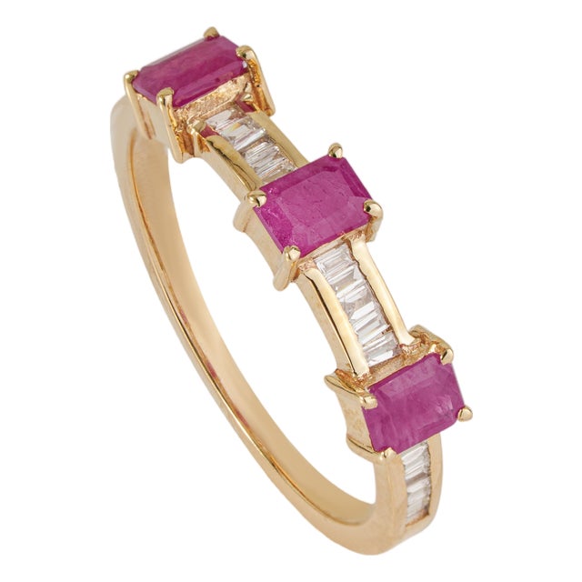 14k Gold Emerald-Cut Ruby & Baguette Diamond Modern Band Ring Size 5 For Sale