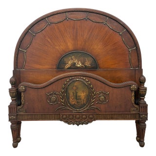 Antique Neoclassical Mahogany Twin Bed Frame With Hand-Painted Classical Medallions & Gilt Decoration For Sale