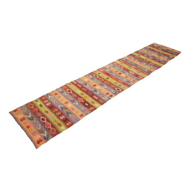 Boho Chic Vintage Embroidered Turkish Kilim Runner For Sale - Image 3 of 5