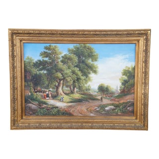 Late 20th Century Sunday Morning Church Landscape Oil Painting After Asher Brown Durand 45" For Sale