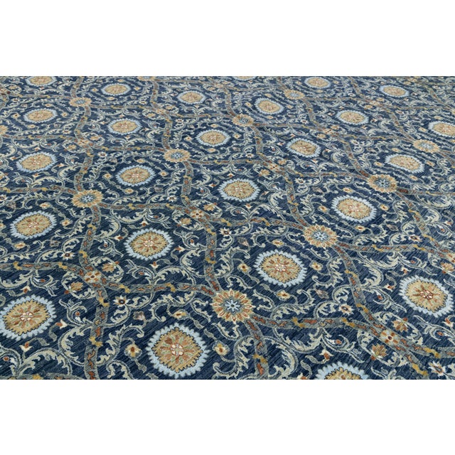Textile Modern Midnight Blue Ikat Style Hand-Knotted Wool Area Rug 13x20 For Sale - Image 7 of 9