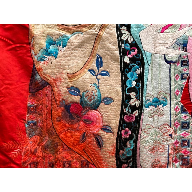 Vintage Chinese Shoulao Longevity Peach Deer Embroidery Fabric Tapestry Art For Sale - Image 14 of 16