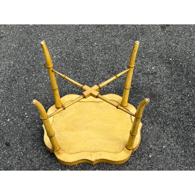 Mid 20th C. Hand Painted Mustard Yellow Tole Serving Tray on Fitted Faux Bamboo X Base Stand For Sale - Image 11 of 11