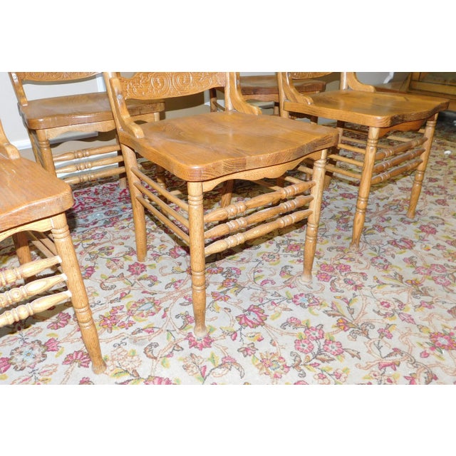 1990s Pressed Back Oak Spindle Kitchen Dining Room Chairs - Set of 6 For Sale - Image 5 of 11