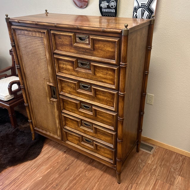 Hollywood Regency Vintage 1970s Stanley Furniture Faux Bamboo Gentleman’s Chest With Caned Door For Sale - Image 3 of 7