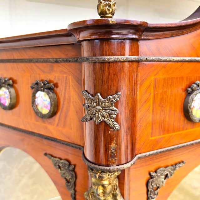 French Louis XV Marquetry Display Cabinet Figural Mounts Porcelain Medallions For Sale - Image 18 of 18